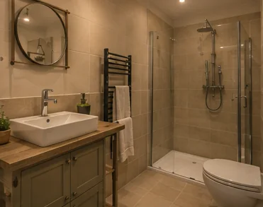 Computer-generated impression of a bathroom with walk-in shower and stone tiling