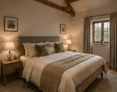 Computer-generated impression of a bedroom under exposed roof timbers