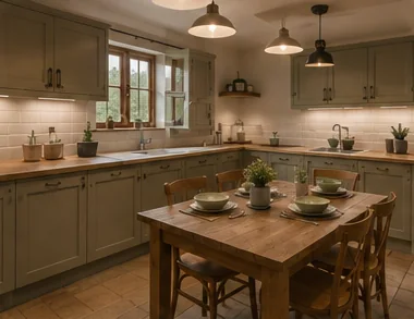 Computer-generated impression of a kitchen and dining table in muted green cabinetry