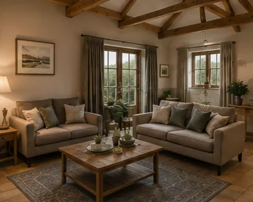 Computer-generated impression of a sitting room with exposed beams and countryside light